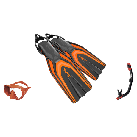 Seac Pura Anti Fog Dive Mask with Reverse Dry Snorkel & Pinne Sling Strap Fins Set — Orange