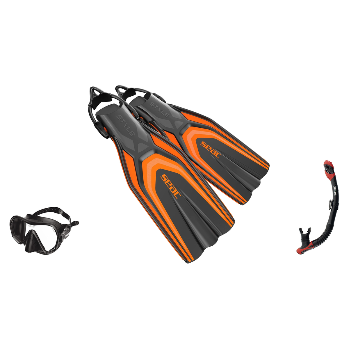 Seac Pura Anti Fog Dive Mask with Reverse Dry Snorkel & Pinne Sling Strap Fins Set — Black