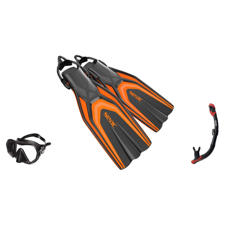 Seac Pura Anti Fog Dive Mask with Reverse Dry Snorkel & Pinne Sling Strap Fins Set — Black