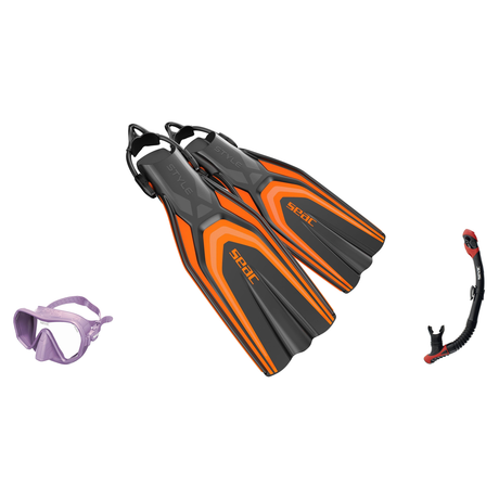 Seac Pura Anti Fog Dive Mask with Reverse Dry Snorkel & Pinne Sling Strap Fins Set — Lilac