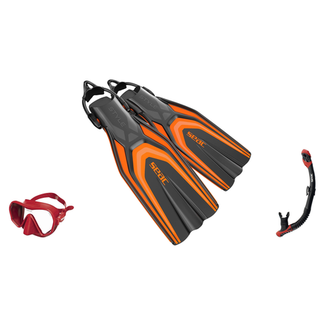 Seac Pura Anti Fog Dive Mask with Reverse Dry Snorkel & Pinne Sling Strap Fins Set — Red