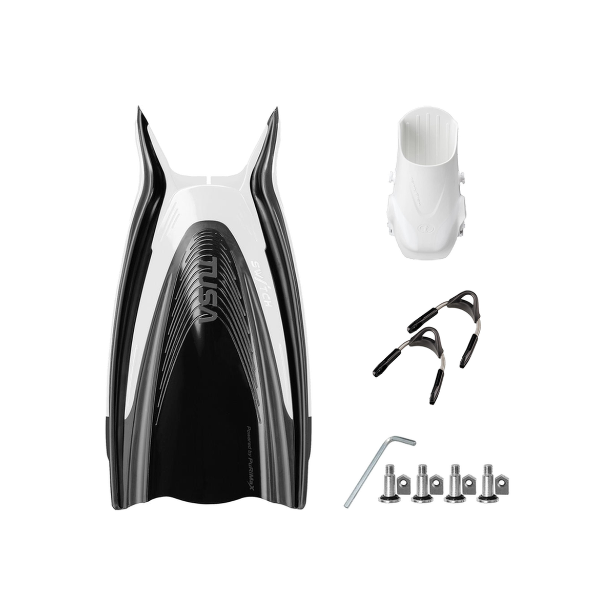 Tusa Color Kit Build – HyFlex Switch Fins with Spring Strap (Blades + Foot Pockets + Straps + Hardware) — White/Black