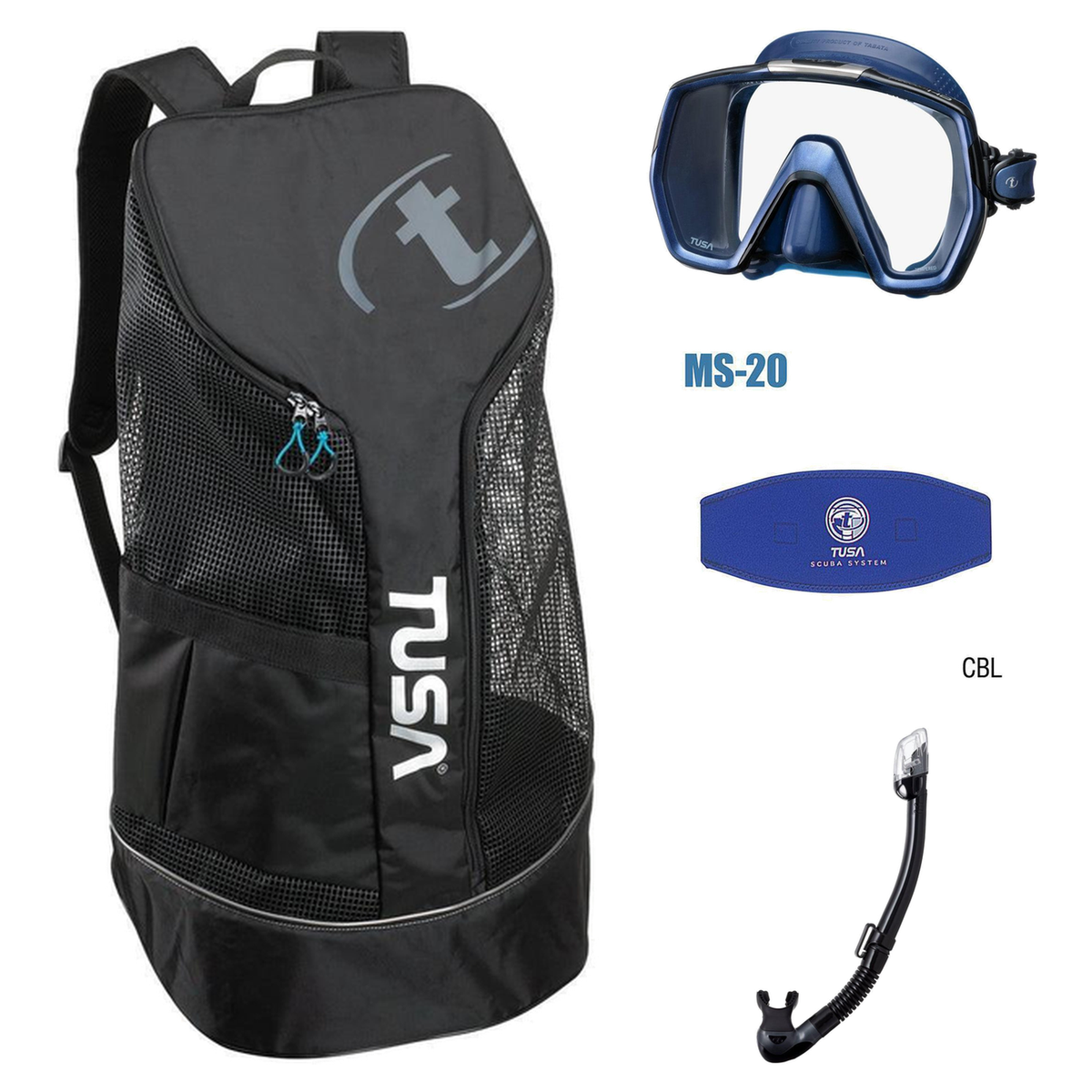 Tusa Freedom HD Mask + Tusa Hyperdry Elite II + Tusa Mask Strap + Meshbag — Indigo Skirt/Indigo Frame