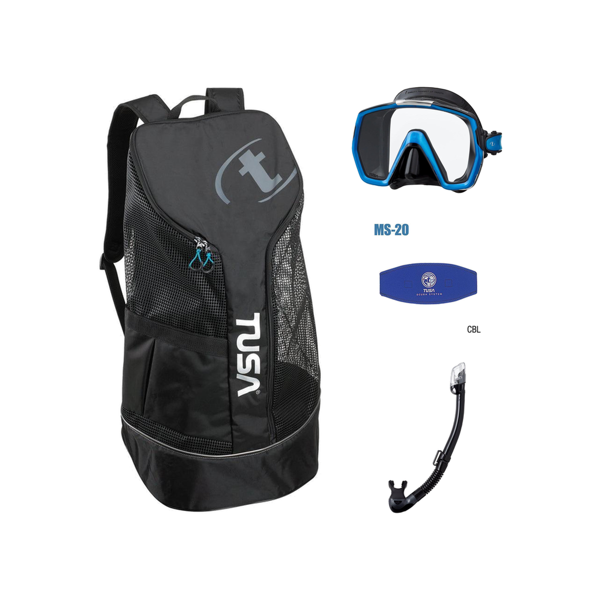 Tusa Freedom HD Mask + Tusa Hyperdry Elite II + Tusa Mask Strap + Meshbag — Black/Fish Tail Blue