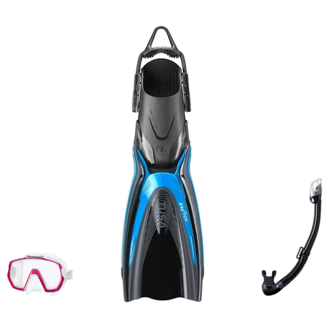 Tusa Mask Fin Snorkel Package – Freedom Elite Single Lens, Tina Single Lens or Imprex 3-D Hyperdry Single Lens Mask + Hyperdry Elite II Snorkel + HyFlex Switch Open Heel Fins