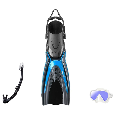 Tusa Mask Fin Snorkel Package – Ino Pro Diving Silicone, Zensee Pro or Visio Pro Single Lens Mask + Hyperdry Elite II Snorkel + HyFlex Switch Open Heel Fins