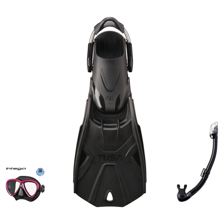 Tusa Mask Fin Snorkel Package – Intega Dual Lens, Freedom HD Single Lens or Zensee Mask + Hyperdry Elite II Snorkel + HyFlex…