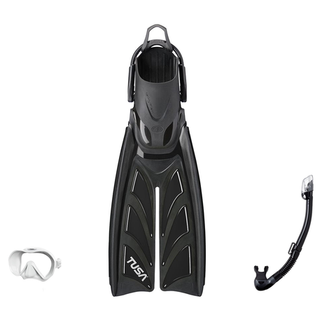 Tusa Mask Fin Snorkel Package – Intega Dual Lens, Freedom HD Single Lens or Zensee Mask + Hyperdry Elite II Snorkel + HyFlex…