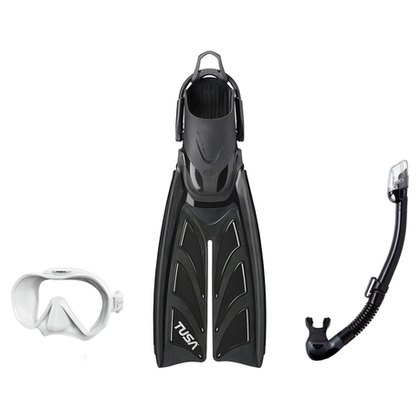 Tusa Mask Fin Snorkel Package – Intega Dual Lens, Freedom HD Single Lens or Zensee Mask + Hyperdry Elite II Snorkel + HyFlex…