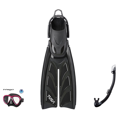 Tusa Mask Fin Snorkel Package – Intega Dual Lens, Freedom HD Single Lens or Zensee Mask + Hyperdry Elite II Snorkel + HyFlex…