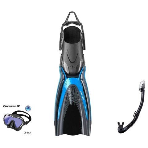 Tusa Mask Fin Snorkel Package – Paragon S Single Lens, Paragon Professional or Zensee Pro Mask + Hyperdry Elite II Snorkel + HyFlex Switch Open Heel Fins