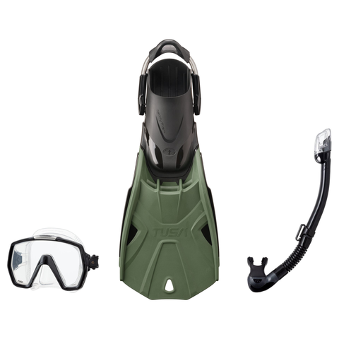 Tusa Mask Fin Snorkel Package – Freedom HD Single Lens, Zensee or Ino Mask + Hyperdry Elite II Snorkel + SF-0112 Tri-Force Fins