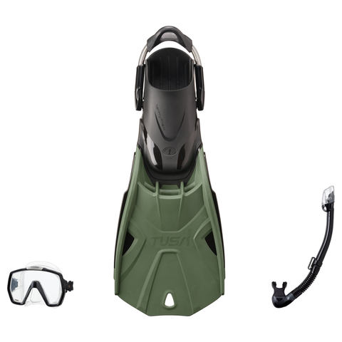 Tusa Mask Fin Snorkel Package – Freedom HD Single Lens, Zensee or Ino Mask + Hyperdry Elite II Snorkel + SF-0112 Tri-Force Fins