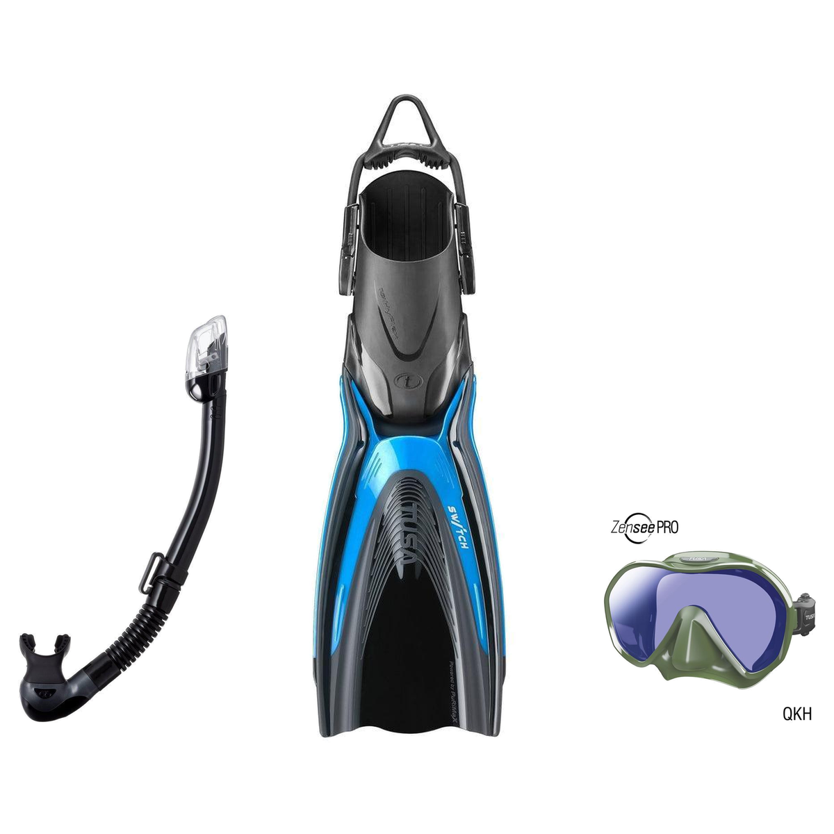 Tusa Mask Fin Snorkel Package – Zensee Pro, Ino Pro Diving Silicone or Visio Pro Single Lens Mask + Hyperdry Elite II Snorke…
