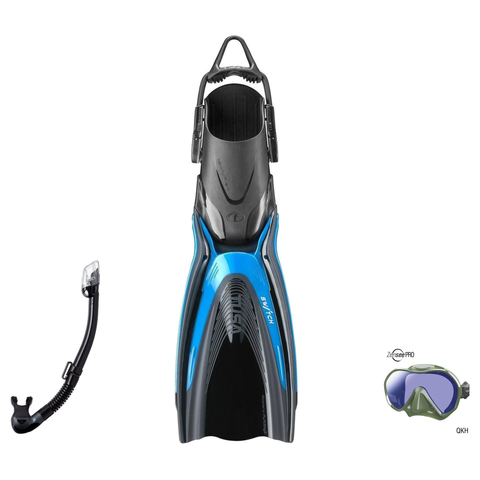 Tusa Mask Fin Snorkel Package – Zensee Pro, Ino Pro Diving Silicone or Visio Pro Single Lens Mask + Hyperdry Elite II Snorkel + HyFlex Switch Open Heel Fins