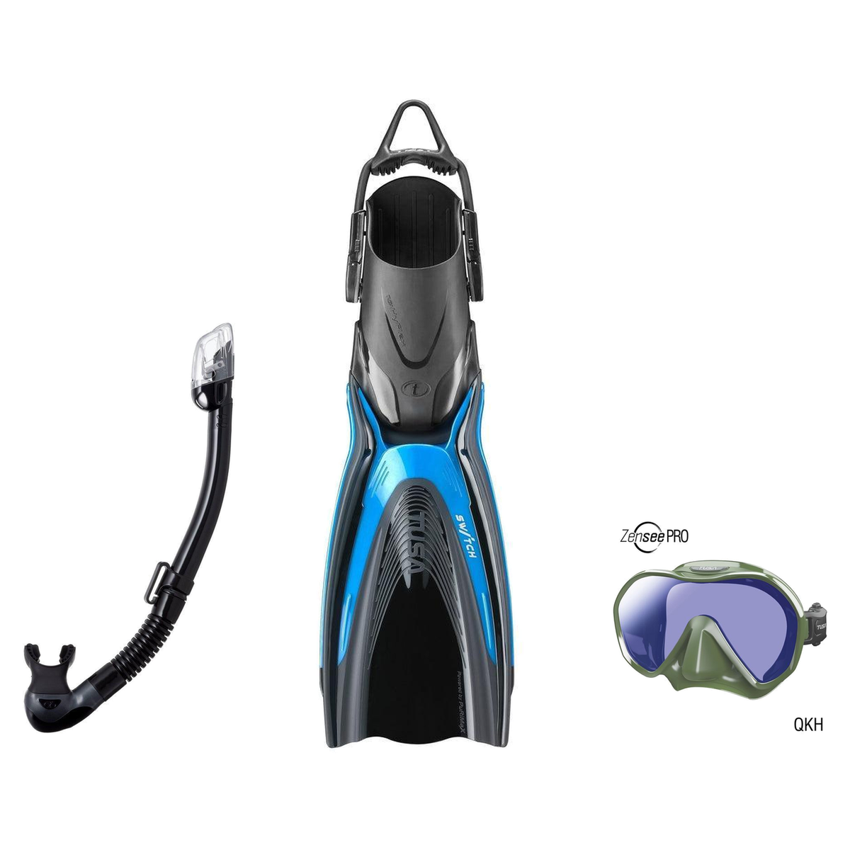Tusa Mask Fin Snorkel Package – Zensee Pro, Ino Pro Diving Silicone or Visio Pro Single Lens Mask + Hyperdry Elite II Snorke…