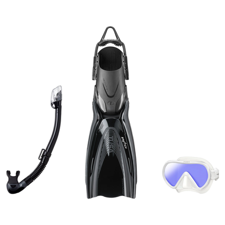 Tusa Mask Fin Snorkel Package – Zensee Pro, Ino Pro Diving Silicone or Visio Pro Single Lens Mask + Hyperdry Elite II Snorke…