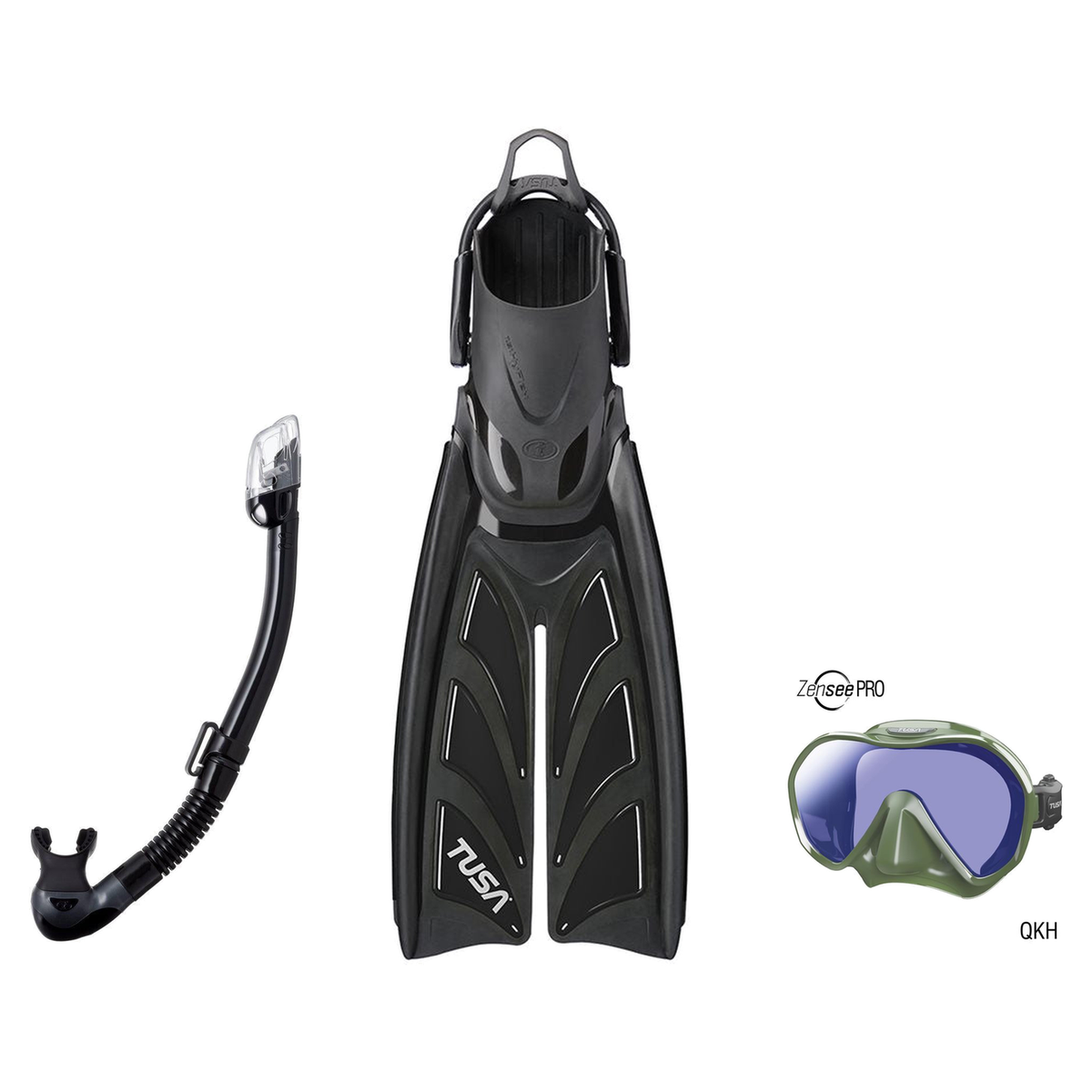 Tusa Mask Fin Snorkel Package – Zensee Pro, Ino Pro Diving Silicone or Visio Pro Single Lens Mask + Hyperdry Elite II Snorke…