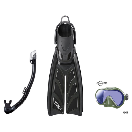 Tusa Mask Fin Snorkel Package – Zensee Pro, Ino Pro Diving Silicone or Visio Pro Single Lens Mask + Hyperdry Elite II Snorke…