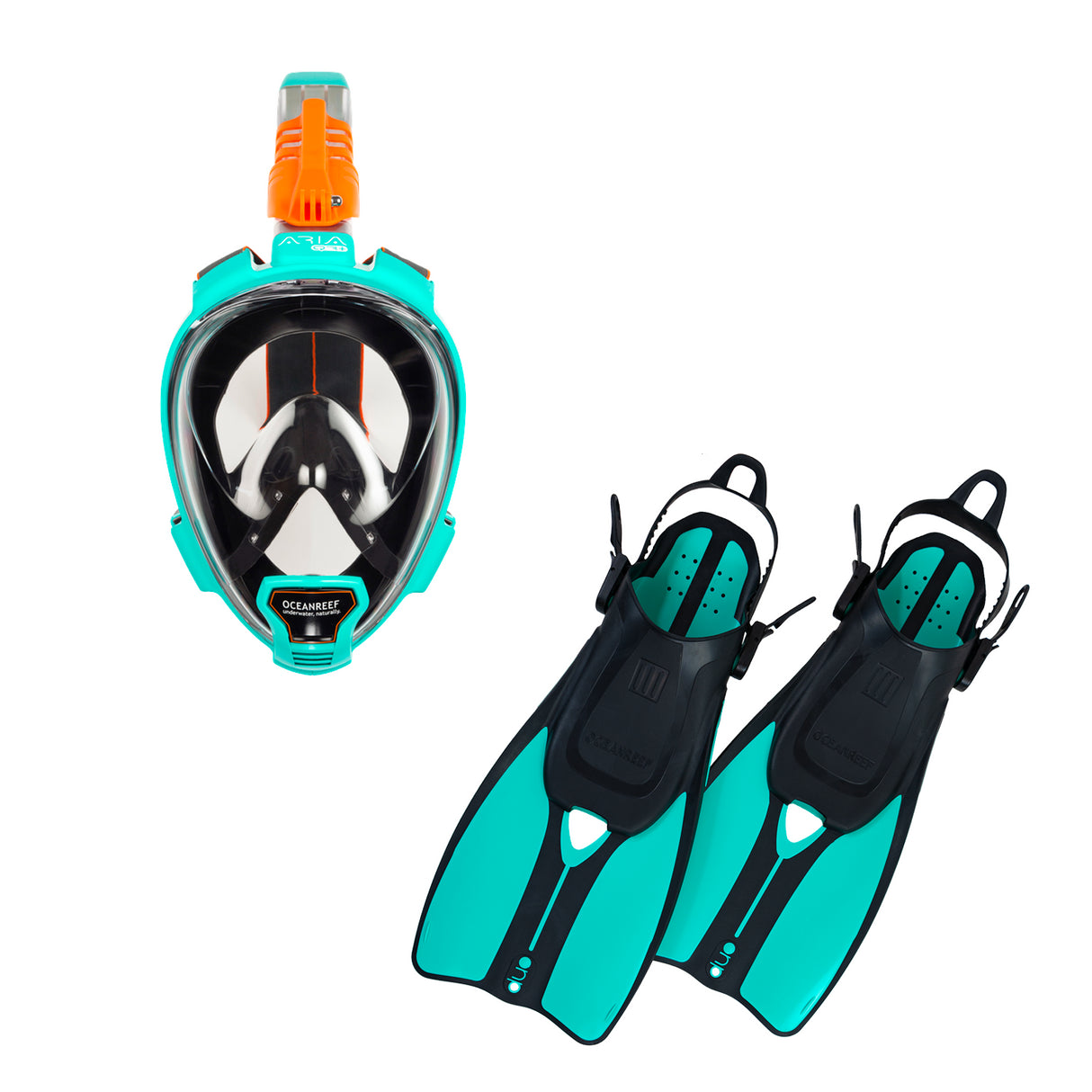 Ocean Reef Aria QR+ Dive Mask & DUO II Fins Combo-Teal-L/XL Mask - L/XL Fins-