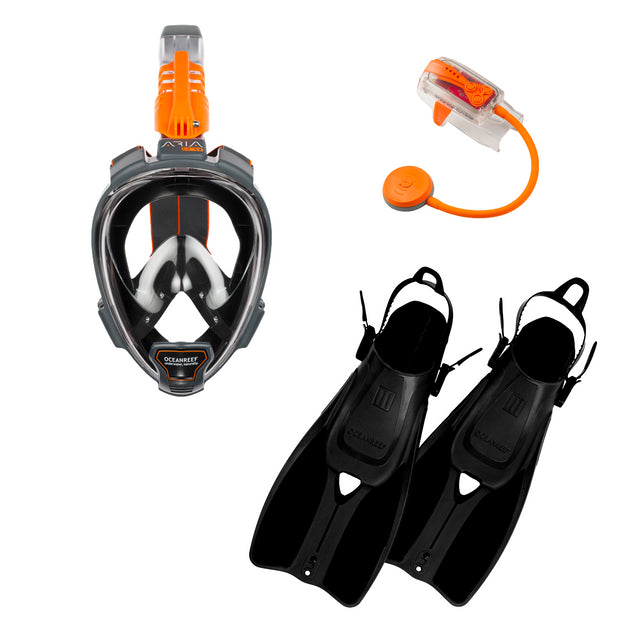 OCEAN REEF Aria QR+ Dive Mask & DUO II Fins Combo with Snorkie-Talkie-Black-S/M Mask - S/M Fins-