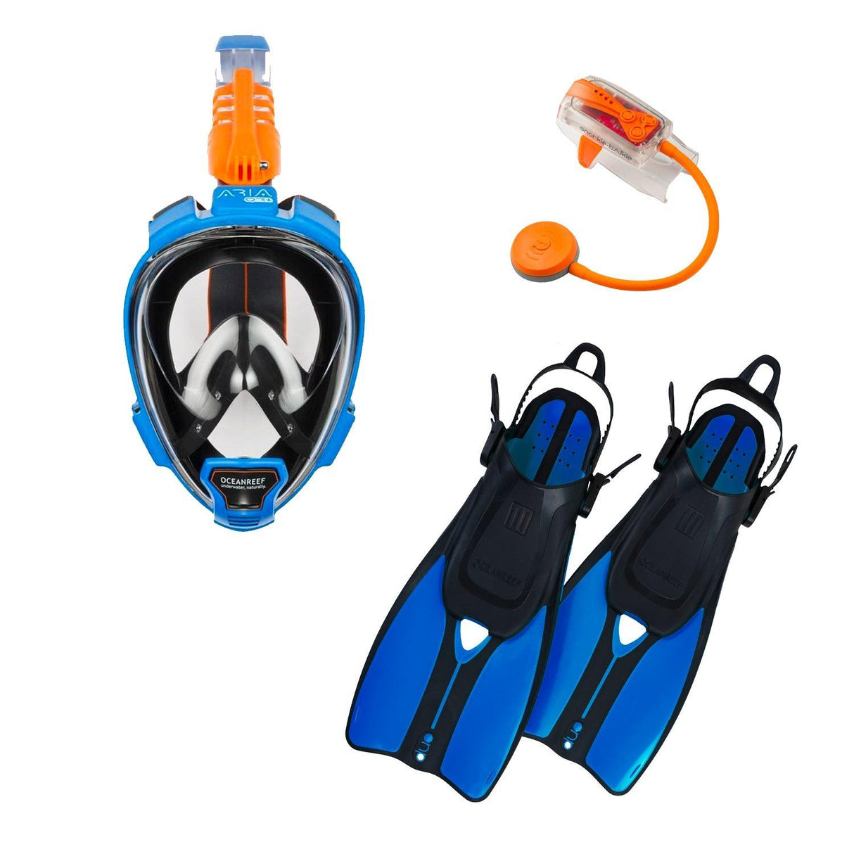 OCEAN REEF Aria QR+ Dive Mask & DUO II Fins Combo with Snorkie-Talkie-Blue-M/L Mask - L/XL Fins-