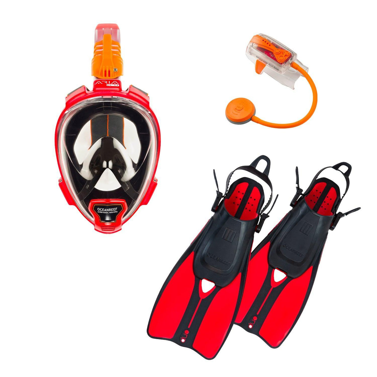 OCEAN REEF Aria QR+ Dive Mask & DUO II Fins Combo with Snorkie-Talkie-Red-L/XL Mask - L/XL Fins-