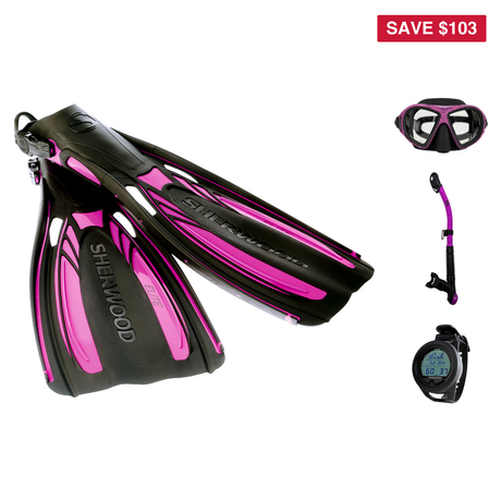 Sherwood Open Water Diver Course Package – SH CRUZ Marbled Mask + Elite Fins + Tiga Dry Snorkel + Genesis Graviton Dive Comp…