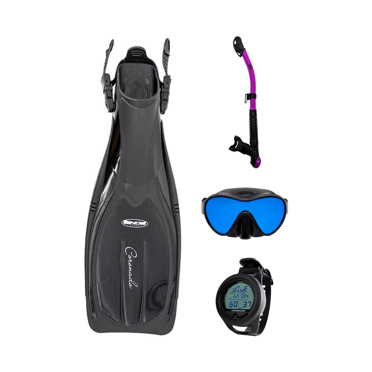 Sherwood Open Water Diver Course Package – SH CRUZ Marbled Mask + Elite Fins + Tiga Dry Snorkel + Genesis Graviton Dive Comp…