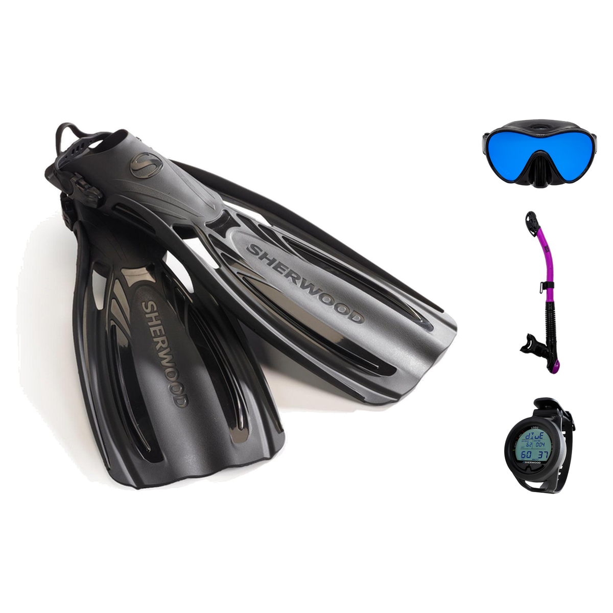 Sherwood Open Water Diver Course Package – SH CRUZ Marbled Mask + Elite Fins + Tiga Dry Snorkel + Genesis Graviton Dive Comp…