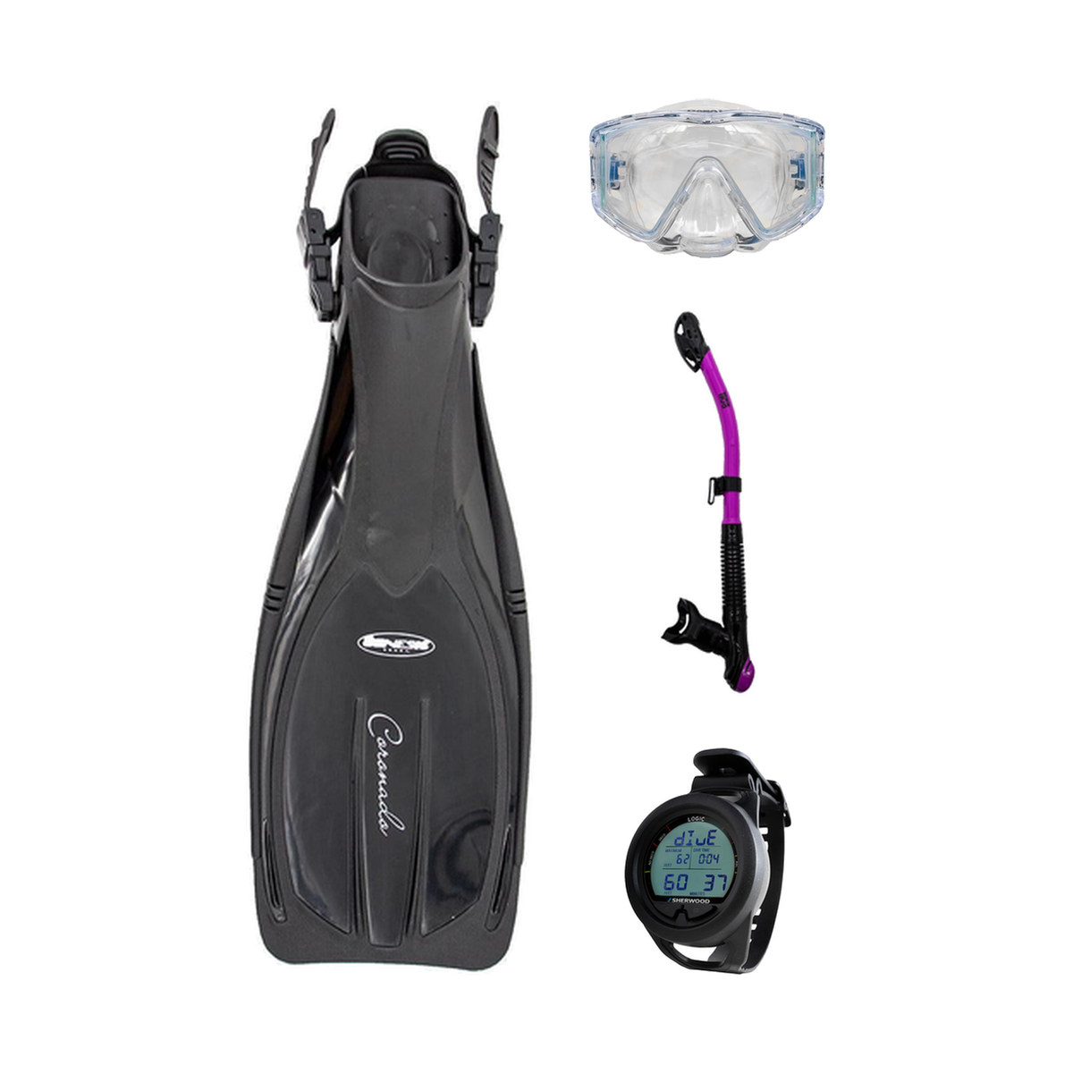 Sherwood Open Water Diver Course Package – SH CRUZ Marbled Mask + Elite Fins + Tiga Dry Snorkel + Genesis Graviton Dive Comp…