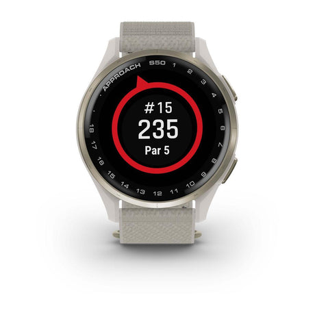 Garmin Approach S44 and S50 GPS Golf Smartwatch – S50: Golf & Fitness Features / Cream Gold Aluminum Bezel with Ivory Nylon Band