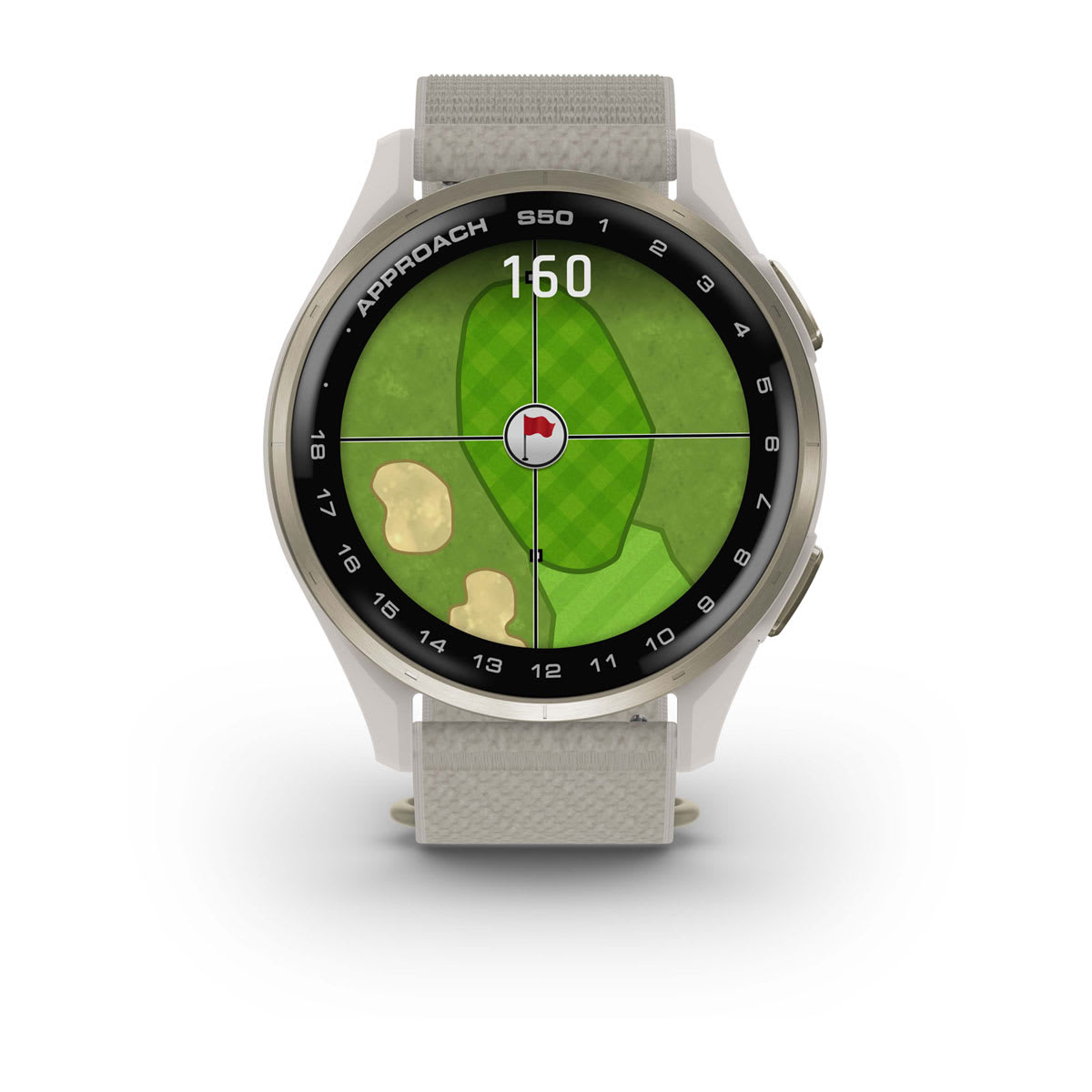 Garmin Approach S44 and S50 GPS Golf Smartwatch – S50: Golf & Fitness Features / Cream Gold Aluminum Bezel with Ivory Nylon Band