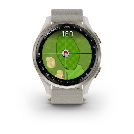 Garmin Approach S44 and S50 GPS Golf Smartwatch – S50: Golf & Fitness Features / Cream Gold Aluminum Bezel with Ivory Nylon Band