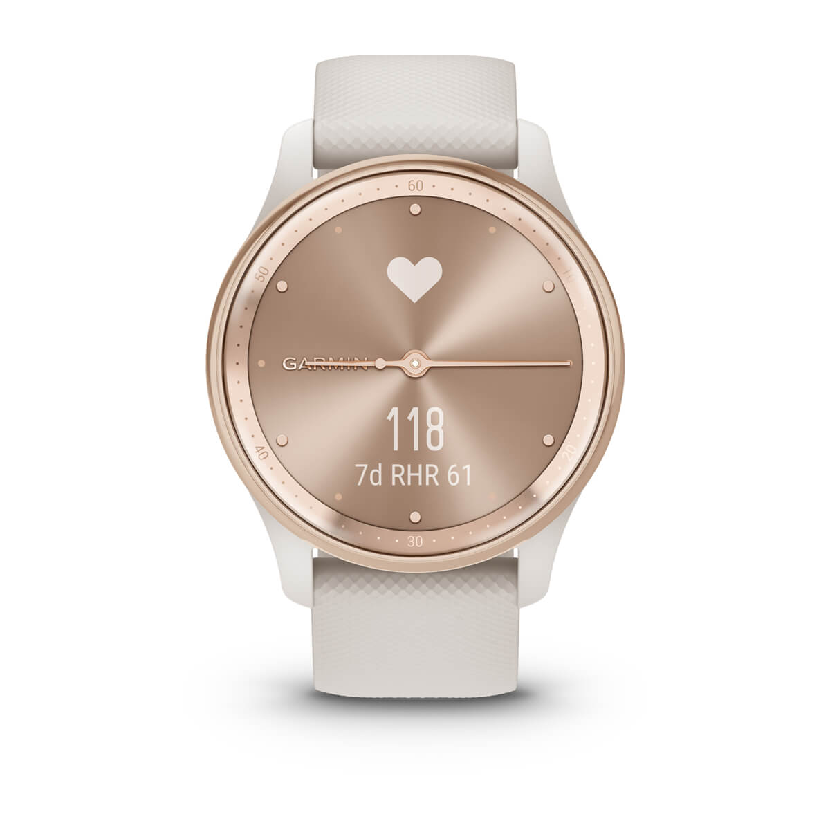Garmin vívomove Trend Hybrid Smartwatch – Peach Gold Stainless Steel Bezel with Ivory Case and Silicone Band