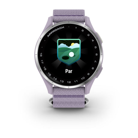 Garmin Approach J1 Junior GPS Golf Smartwatch – Silver Aluminum Bezel with Lilac ComfortFit Fabric Band