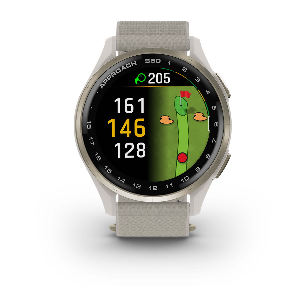 Garmin Approach S44 and S50 GPS Golf Smartwatch – S50: Golf & Fitness Features / Cream Gold Aluminum Bezel with Ivory Nylon Band