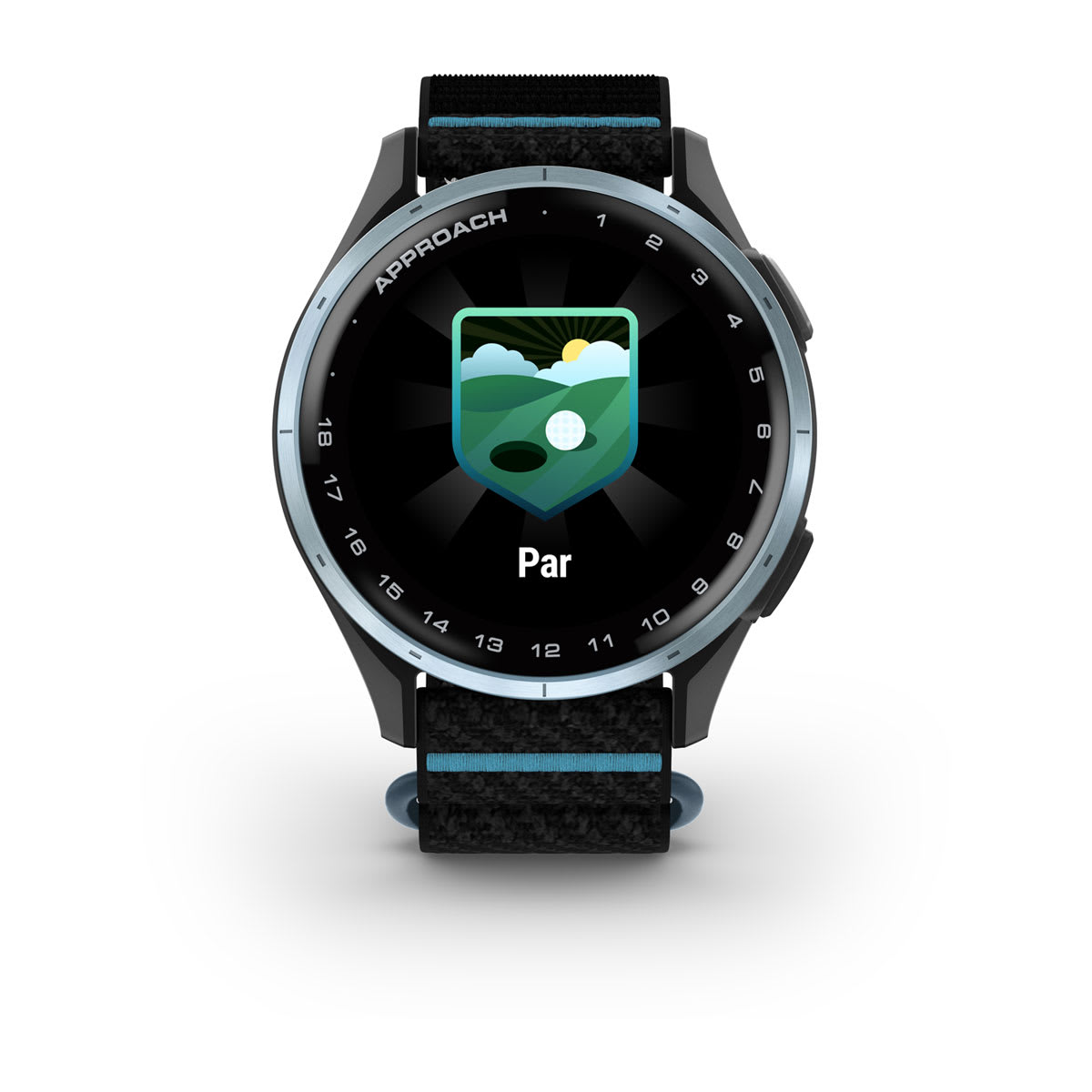 Garmin Approach J1 Junior GPS Golf Smartwatch – Cloud Blue Aluminum Bezel with Black/Azure ComfortFit Fabric Band