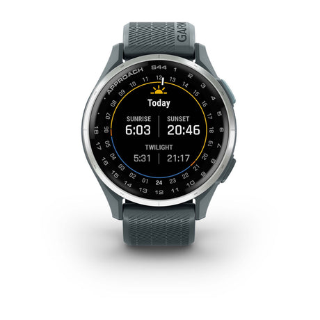 Garmin Approach S44 and S50 GPS Golf Smartwatch – S44: Golf Features / Silver Aluminum Bezel with Twilight Silicone Band