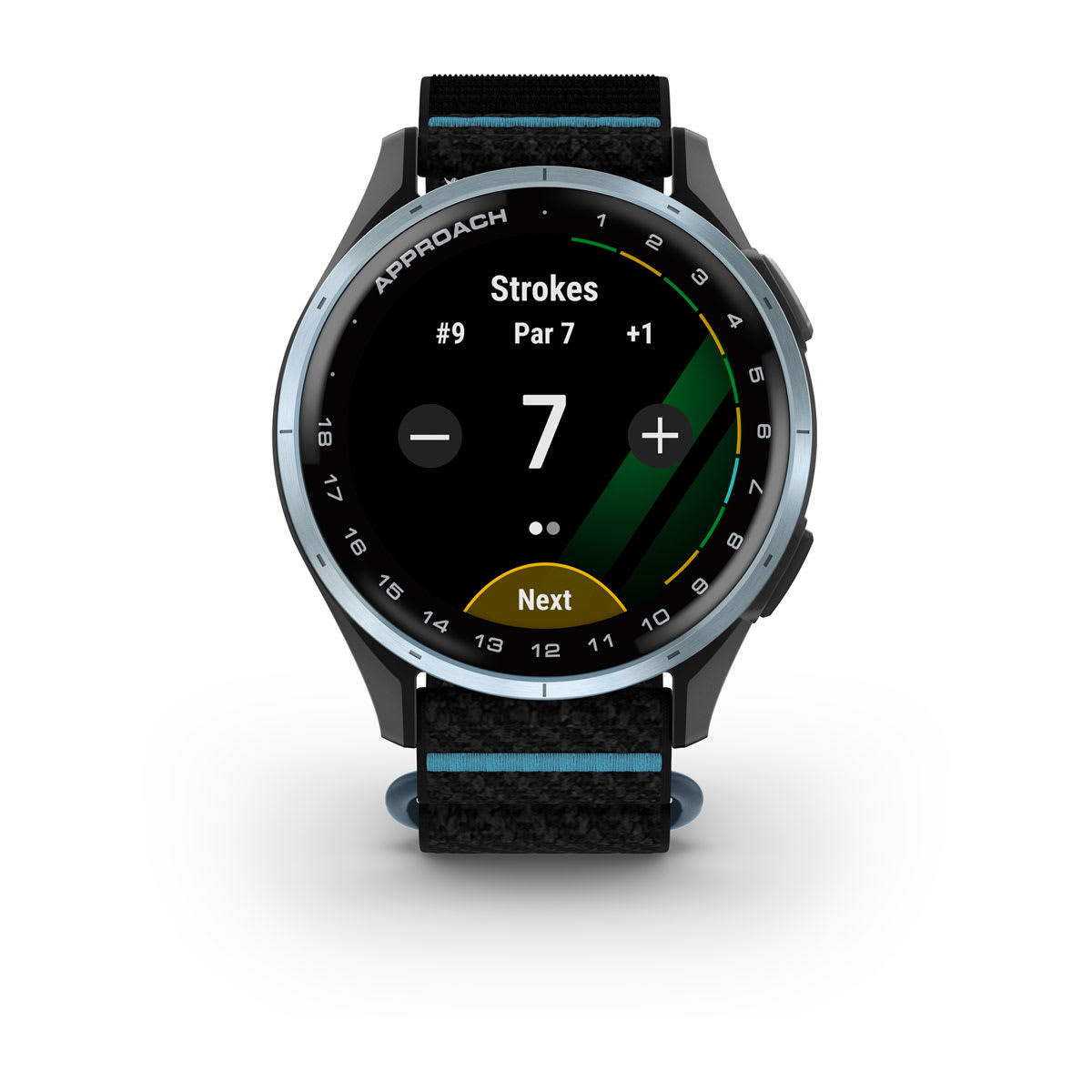 Garmin Approach J1 Junior GPS Golf Smartwatch – Cloud Blue Aluminum Bezel with Black/Azure ComfortFit Fabric Band