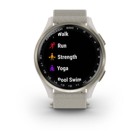 Garmin Approach S44 and S50 GPS Golf Smartwatch – S50: Golf & Fitness Features / Cream Gold Aluminum Bezel with Ivory Nylon Band