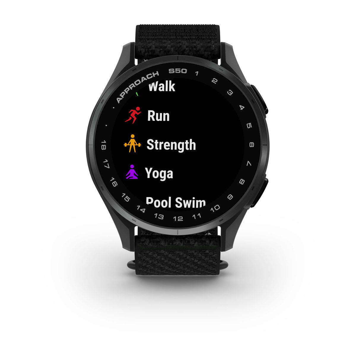 Garmin Approach S44 and S50 GPS Golf Smartwatch – S50: Golf & Fitness Features / Slate Aluminum Bezel with Black Nylon Band