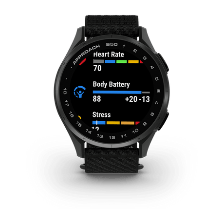 Garmin Approach S44 and S50 GPS Golf Smartwatch – S50: Golf & Fitness Features / Slate Aluminum Bezel with Black Nylon Band