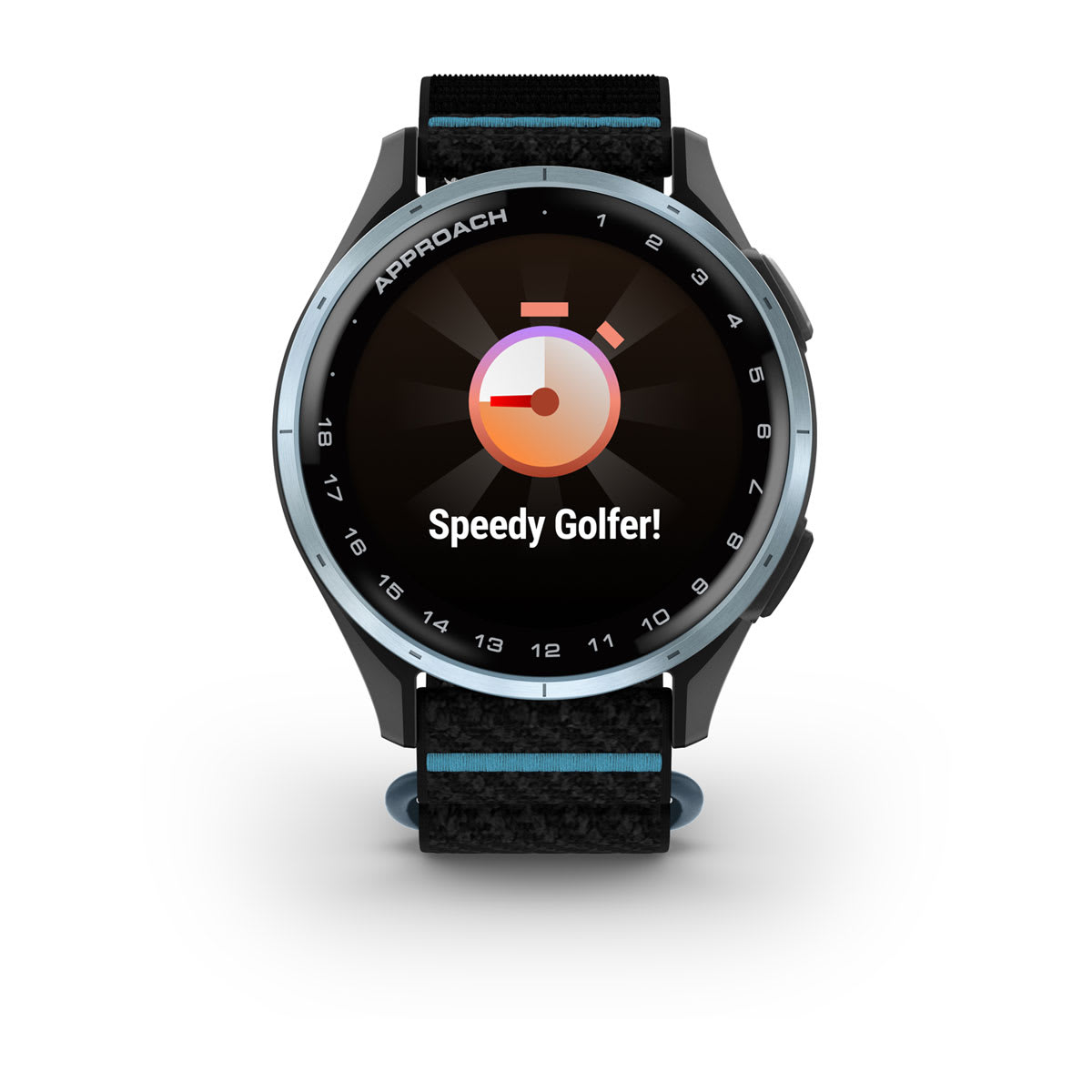 Garmin Approach J1 Junior GPS Golf Smartwatch – Cloud Blue Aluminum Bezel with Black/Azure ComfortFit Fabric Band