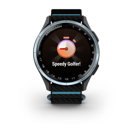 Garmin Approach J1 Junior GPS Golf Smartwatch – Cloud Blue Aluminum Bezel with Black/Azure ComfortFit Fabric Band
