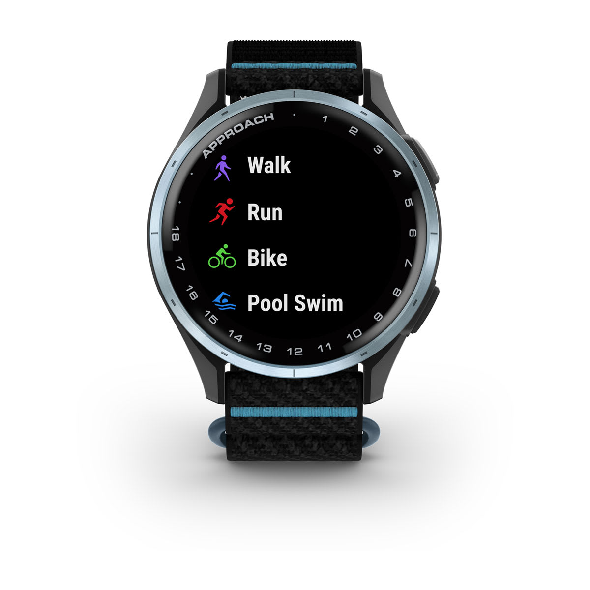 Garmin Approach J1 Junior GPS Golf Smartwatch – Cloud Blue Aluminum Bezel with Black/Azure ComfortFit Fabric Band