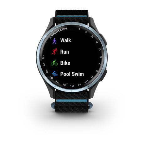 Garmin Approach J1 Junior GPS Golf Smartwatch – Cloud Blue Aluminum Bezel with Black/Azure ComfortFit Fabric Band