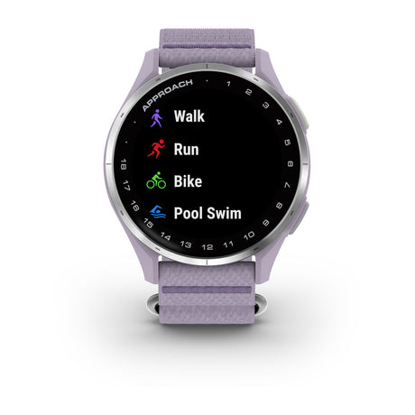 Garmin Approach J1 Junior GPS Golf Smartwatch – Silver Aluminum Bezel with Lilac ComfortFit Fabric Band
