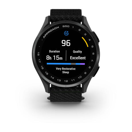 Garmin Approach S44 and S50 GPS Golf Smartwatch – S50: Golf & Fitness Features / Slate Aluminum Bezel with Black Nylon Band