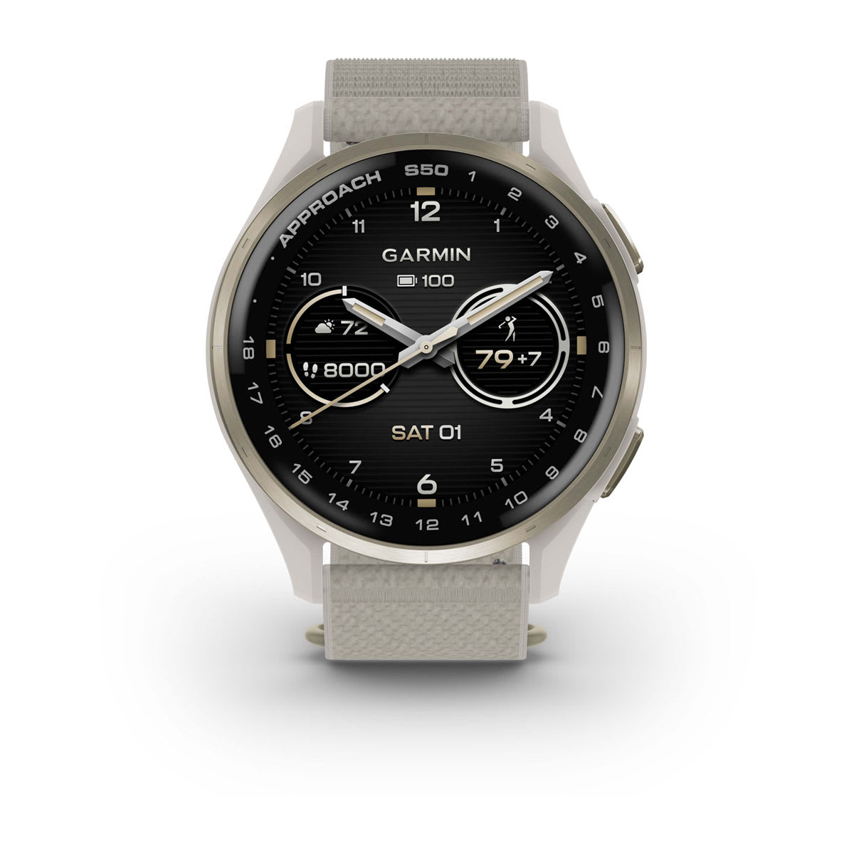 Garmin Approach S44 and S50 GPS Golf Smartwatch – S50: Golf & Fitness Features / Cream Gold Aluminum Bezel with Ivory Nylon Band